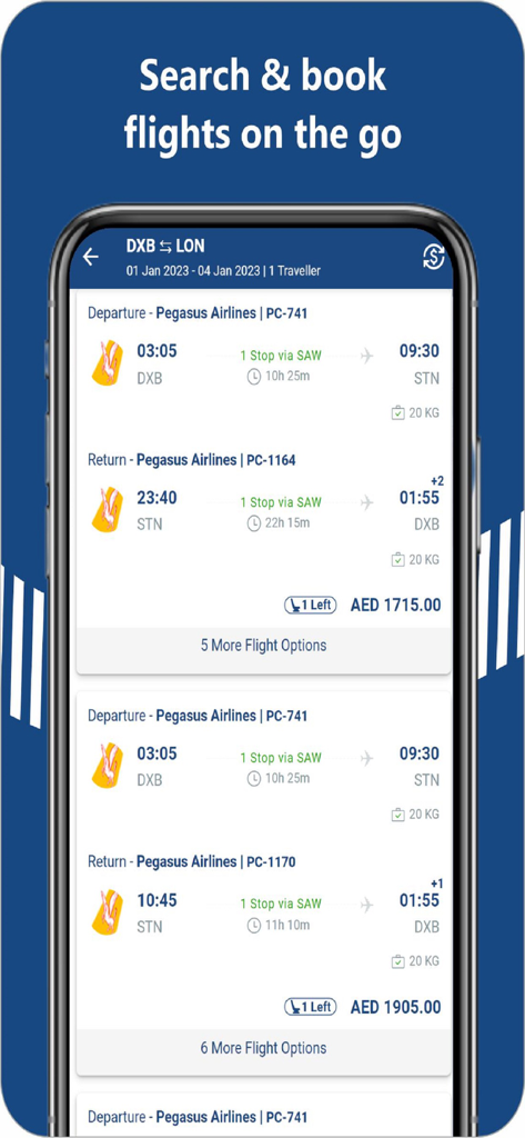 Interfaz de la aplicación Amadeus Online Suite que muestra resultados de búsqueda de vuelos para un viaje de ida y vuelta de Dubái a Londres.