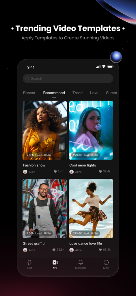 KwaiCutビデオエディターアプリのインターフェースに、クリエイター向けの推奨およびトレンドのビデオテンプレートが表示されている様子