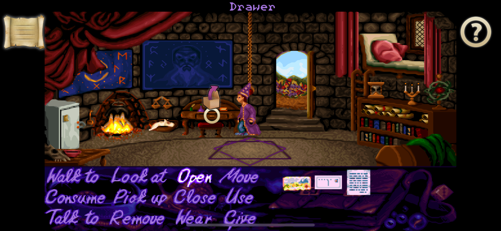 Gameplay scene of Simon the Sorcerer in a wizard room with a classic point and click menu