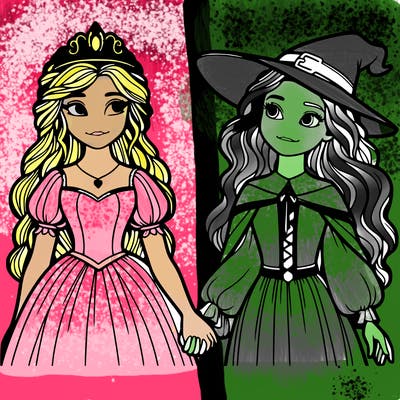 a princess and a witch holding hands realistic