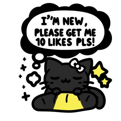 kitty taking a nap dream talking and saying "i'm new, please get me at least 10 likes pls!!"