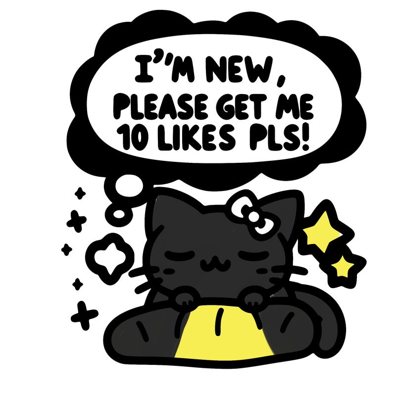 kitty taking a nap dream talking and saying "i'm new, please get me at least 10 likes pls!!"