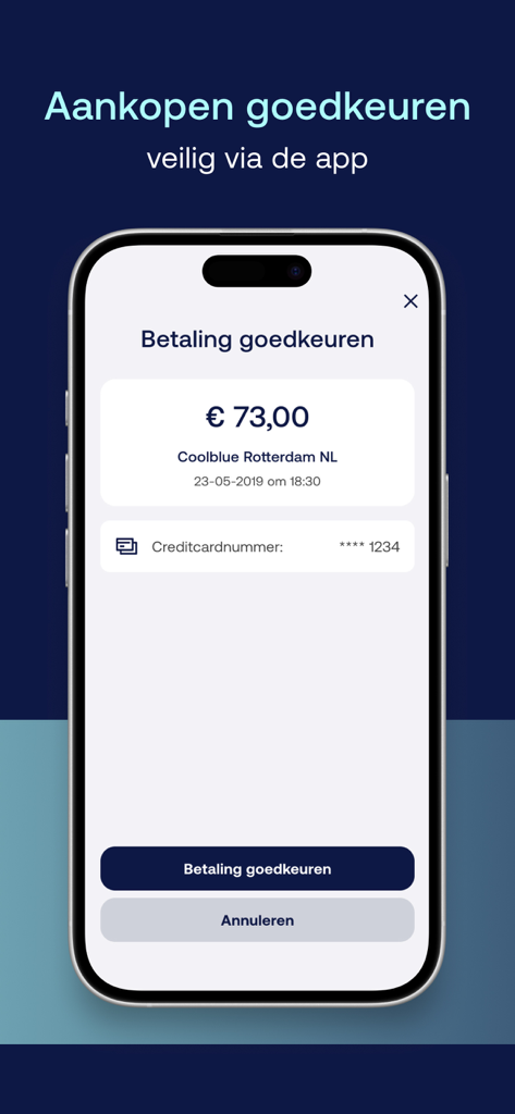 Pantalla de la aplicación móvil ICS Creditcard para aprobar de forma segura un pago en línea