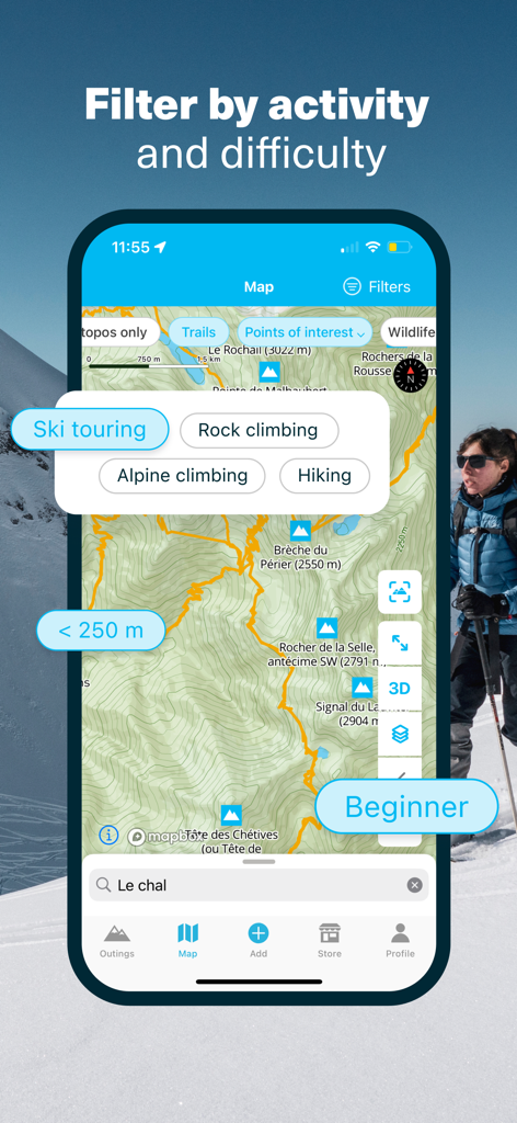 Whympr | Ski, Hike, Climb - Whympr app interface showing filters for mountain activities and difficulty levels on a topographic map