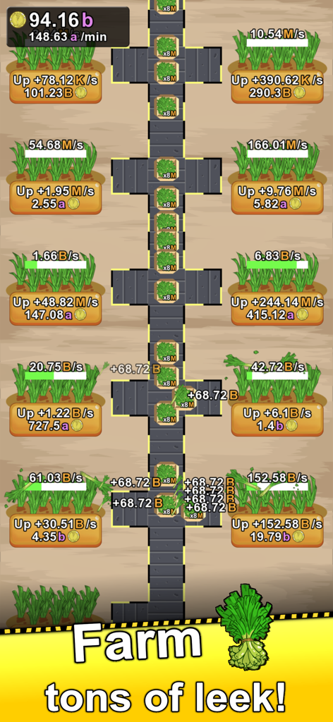 Leek Factory Tycoon - Gameplay screenshot of Leek Factory Tycoon showing automated leek production on conveyor belts