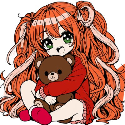 manga girl, long curly hair, happy, cuddling a teddy bear