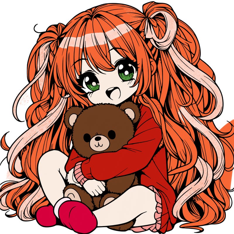 manga girl, long curly hair, happy, cuddling a teddy bear