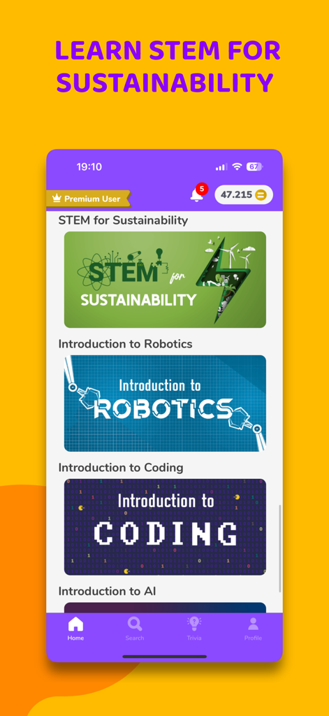 Twin Science: STEM Learning - Twin Science App Startbildschirm mit MINT-Kursen für Nachhaltigkeit, Robotik und Codierung