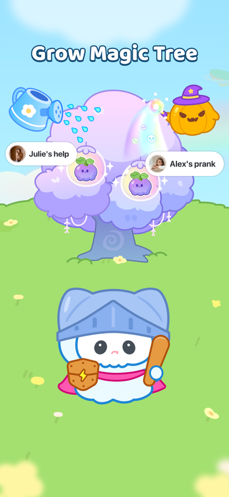A cute Boo dressed as a knight standing under a purple magic tree with friend interaction icons.