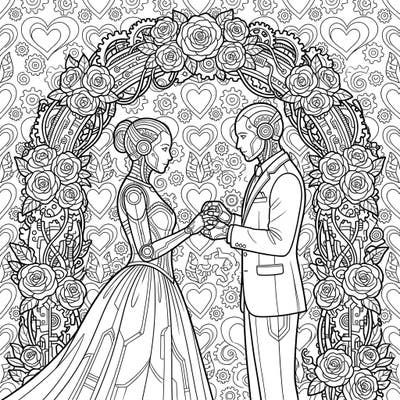 Step into a world where technology and love intertwine with this captivating android wedding coloring page. Perfect for those who adore futuristic themes and romantic celebrations, offering intricate details to bring to life.