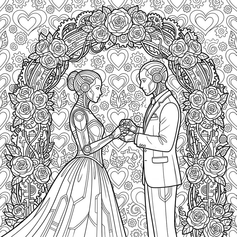 Step into a world where technology and love intertwine with this captivating android wedding coloring page. Perfect for those who adore futuristic themes and romantic celebrations, offering intricate details to bring to life.