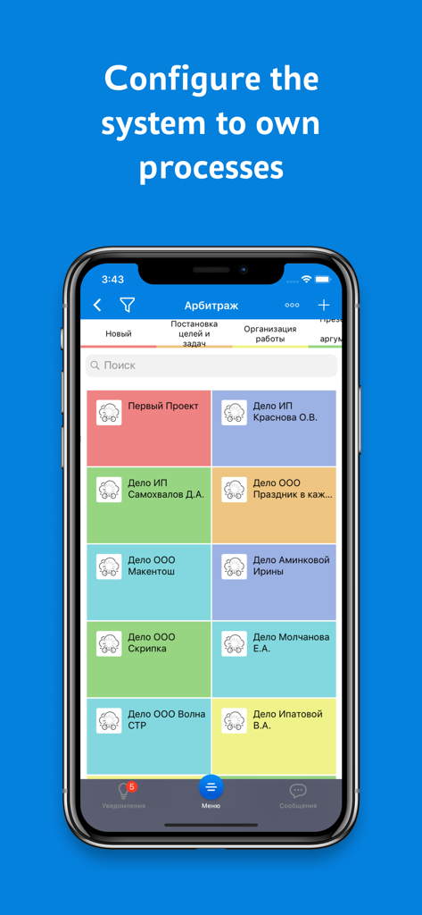 SmartyCRM. Task tracker - SmartyCRM mobile app interface showing a colorful tiled dashboard for business task organization