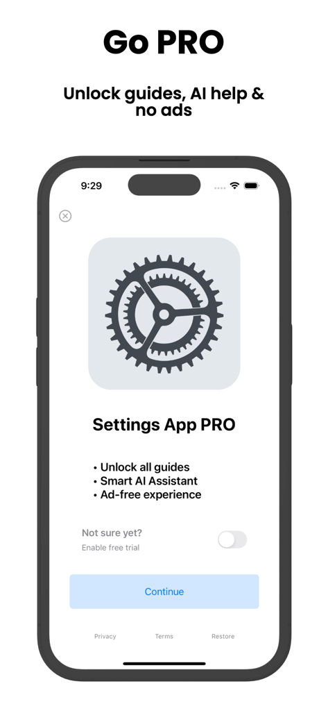 Settings App For Phone - A tela de upgrade para PRO do Aplicativo de Configurações mostrando benefícios como um Assistente de IA Inteligente e guias sem anúncios.