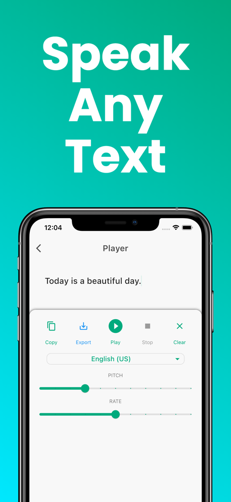 Speech Helper - Spoken Text - Speech Helper App zeigt die Text-zu-Sprache-Player-Oberfläche mit Tonhöhen- und Ratenanpassungen