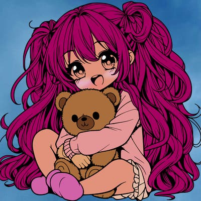 manga girl, long curly hair, happy, cuddling a teddy bear