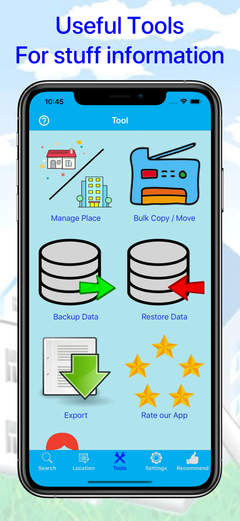 Smartphone screen of the Wheres my stuff app showing its tool menu with options for managing places data backup and excel export