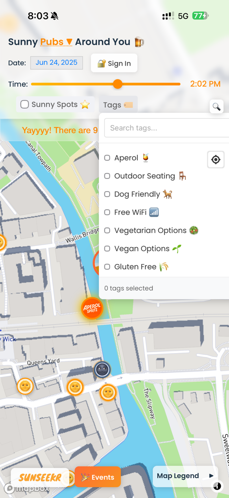 A map interface from the SunSeekr app showing sunny pub locations and a tags menu for filtering amenities like outdoor seating and dog friendly venues.