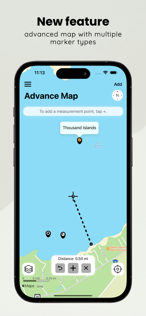Advanced map interface in the When to Fish app showing markers and distance measurement on a water body.