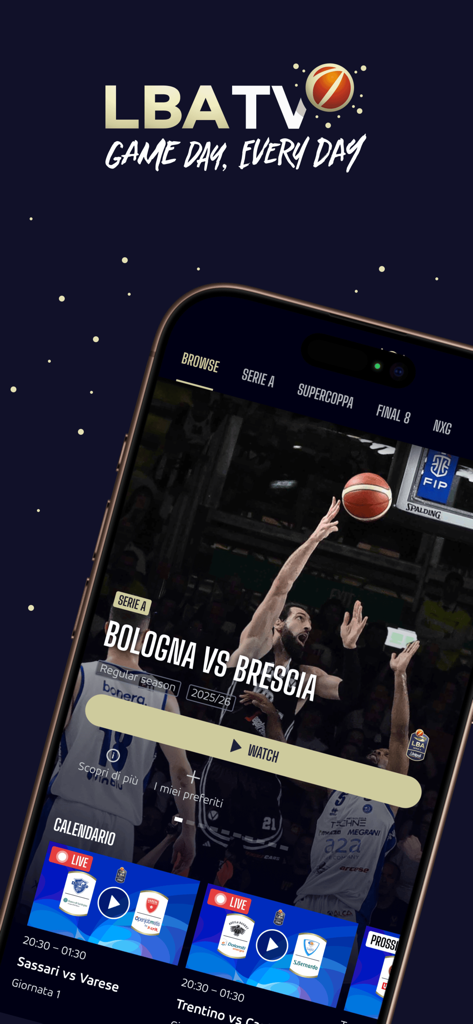 LBATV 모바일 앱 인터페이스가 스마트폰에 표시되며 라이브 이탈리아 농구 경기 및 일정을 보여줍니다.