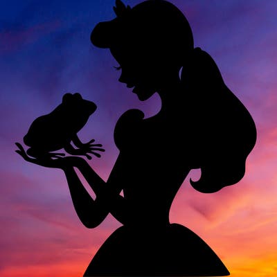 a shadow of a princess holding a frog realistic