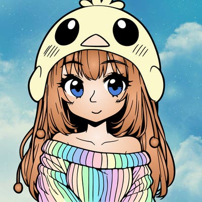 anime girl with chick shaped hat with sweater with bare shoulders with bangs covering them one eye with low tail