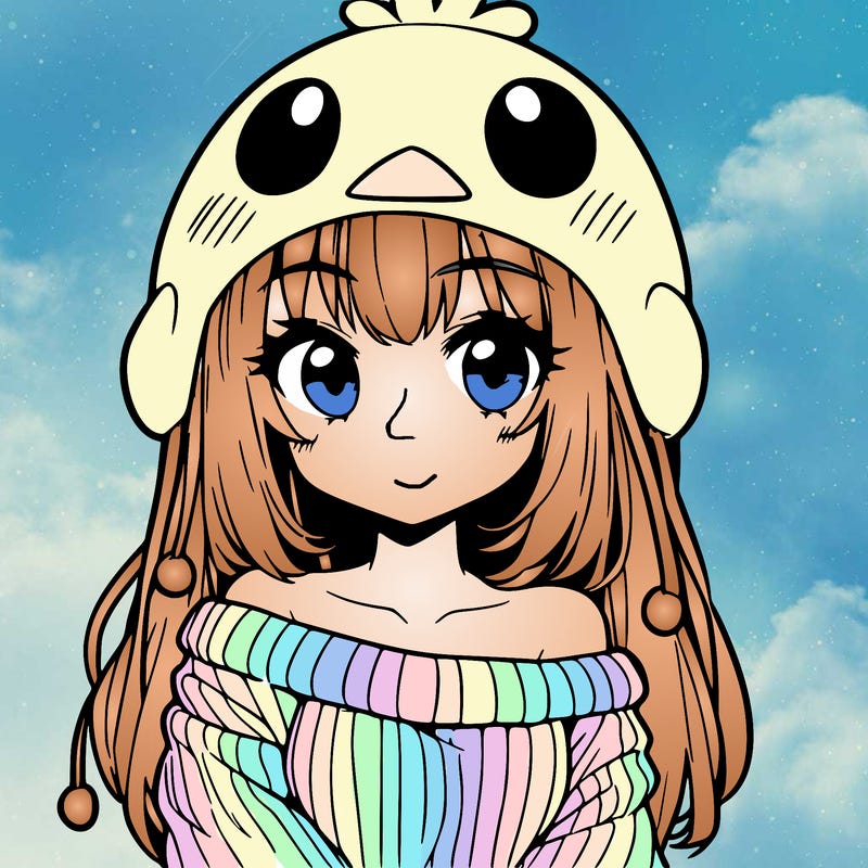 anime girl with chick shaped hat with sweater with bare shoulders with bangs covering them one eye with low tail