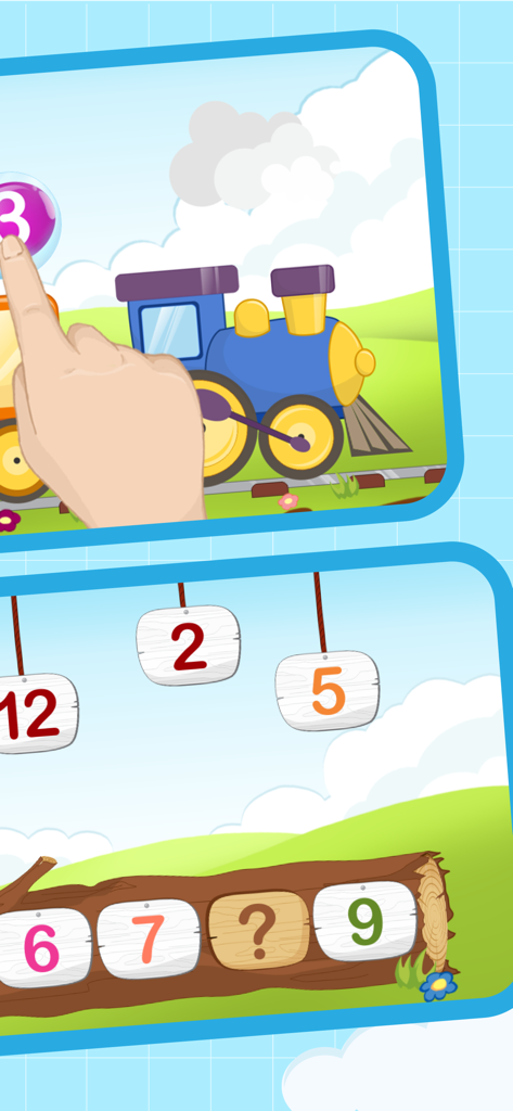 Educational interface for kids learning Spanish numbers featuring a train and counting puzzle