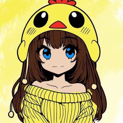 anime girl with chick shaped hat with sweater with bare shoulders with bangs covering them one eye with low tail