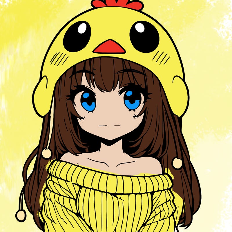 anime girl with chick shaped hat with sweater with bare shoulders with bangs covering them one eye with low tail