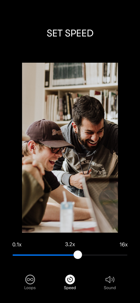 Screen interface showing speed adjustment slider for a video loop in the Boomerang Maker app