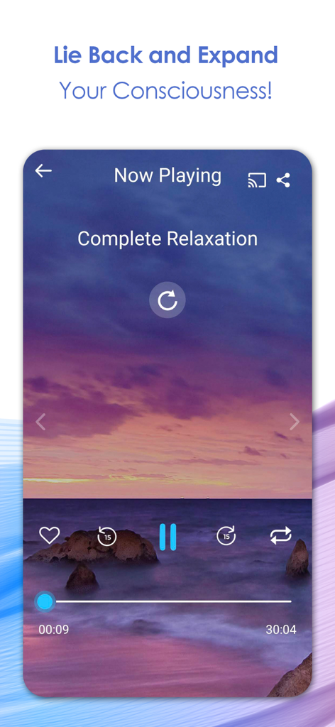 Audio-Player-Oberfläche der Relax And Sleep Well Hypnosis App mit einer Complete Relaxation-Sitzung und einem beruhigenden Sonnenuntergangs-Strandhintergrund.