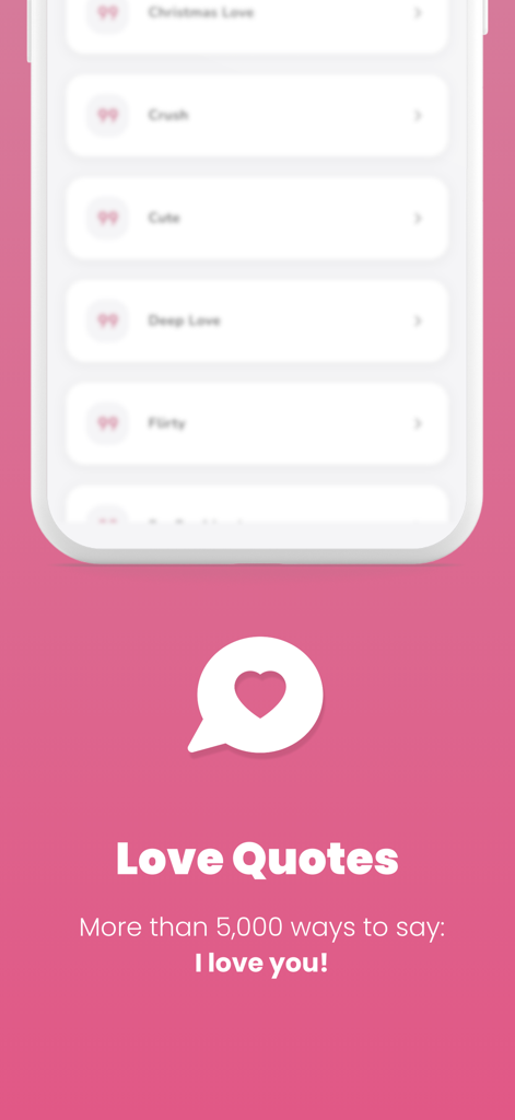 Love Quotes and Messages - Love Quotes and Messages 앱 화면에 하트 아이콘 로고와 함께 Crush, Deep Love 등 다양한 카테고리가 표시됩니다.