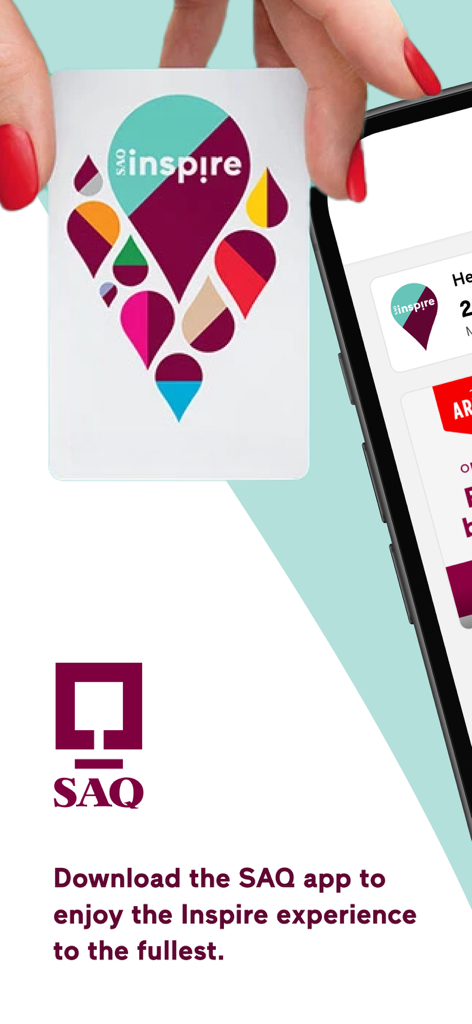 Société des alcools du Québec - A hand holding an SAQ Inspire loyalty card next to a smartphone displaying the SAQ mobile app interface.