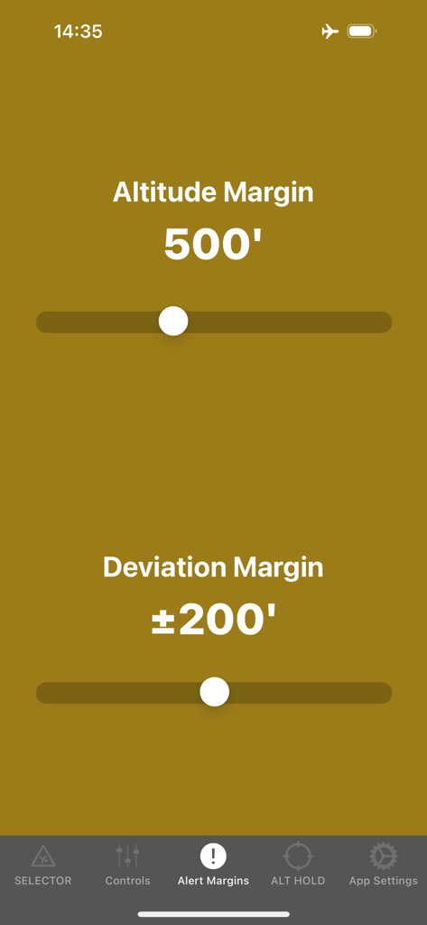 AltitudeAlert app screen showing sliders for adjusting altitude and deviation margins