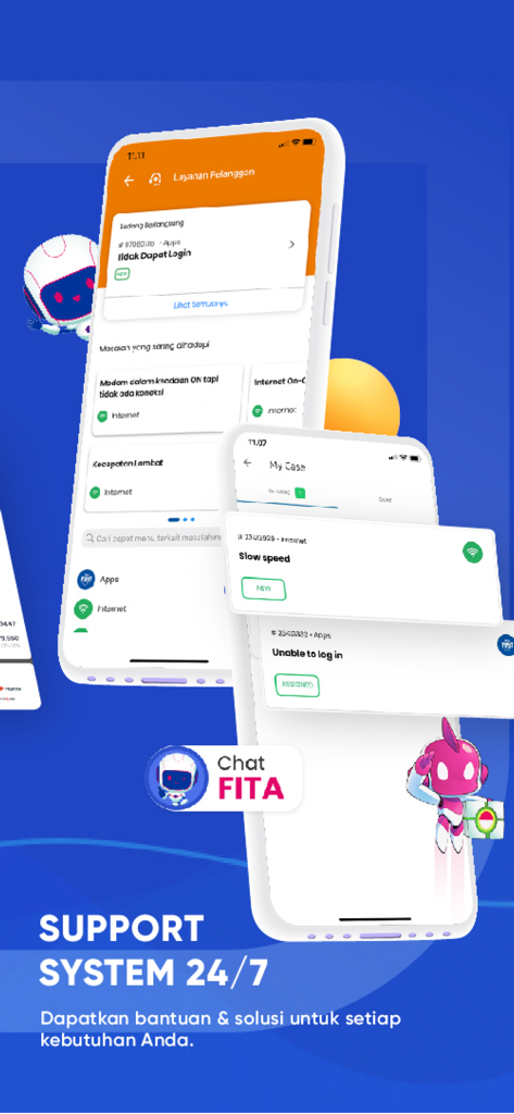 My FirstMedia - Screenshot of the My FirstMedia app showing the customer support interface with 24/7 chat and case tracking features