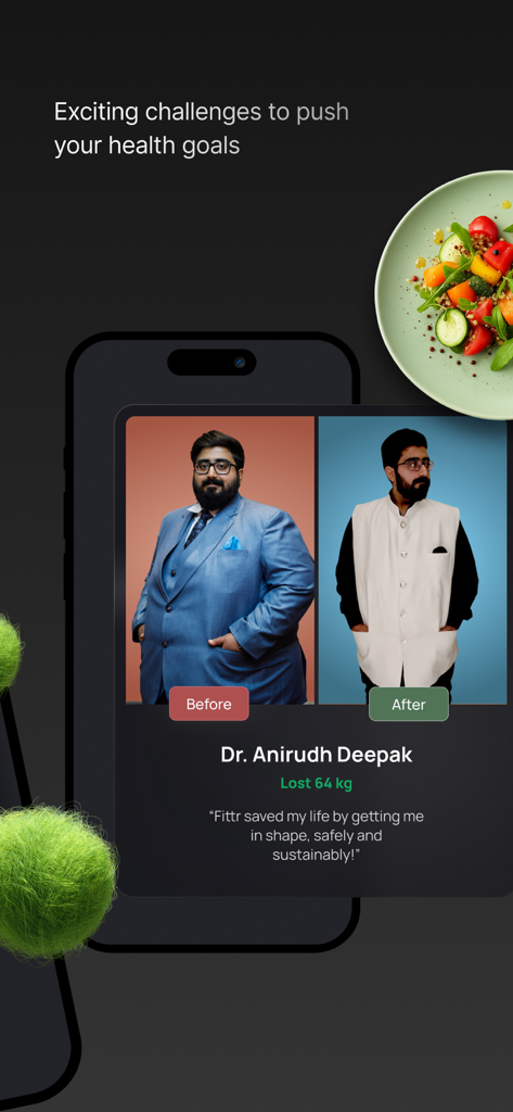 Before and after weight loss transformation of a FITTR app user showing a 64kg loss.