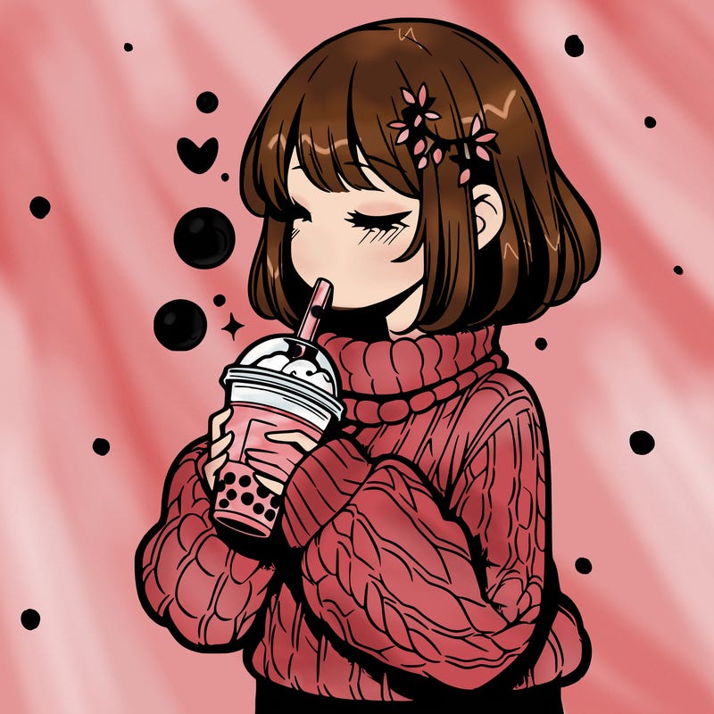 manga girl drinking boba in cozy sweater