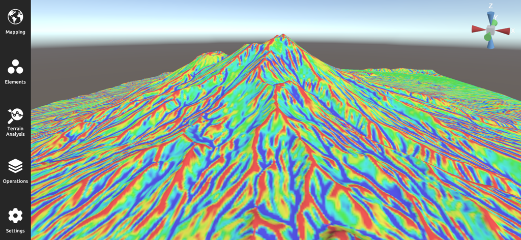 3D Mappa - GIS & Topo Analysis - Visualizzazione del terreno 3D che mostra una mappa di pendenza multicolore su un paesaggio montano nell'app 3D Mappa