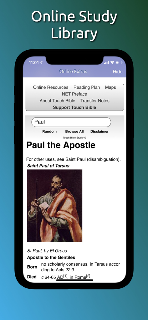 Touch Bible: Read, Study & Go - La interfaz de la aplicación Touch Bible muestra una página de la biblioteca de estudio en línea sobre Pablo el Apóstol con información histórica y una imagen.