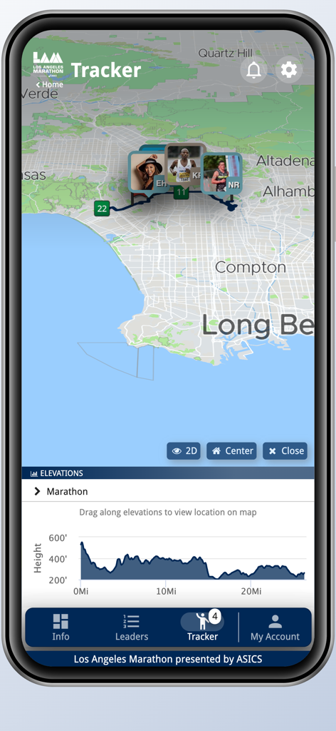 A screenshot of the 2025 LA Marathon app showing the runner tracker interface with a real-time course map and an elevation profile graph.
