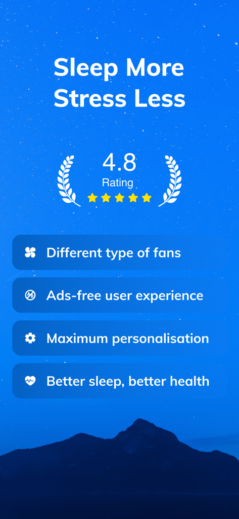 Fan Noise - white noise app - Promotional screen for Fan Noise app featuring a 4.8 rating and sleep health benefits against a starry night sky background.