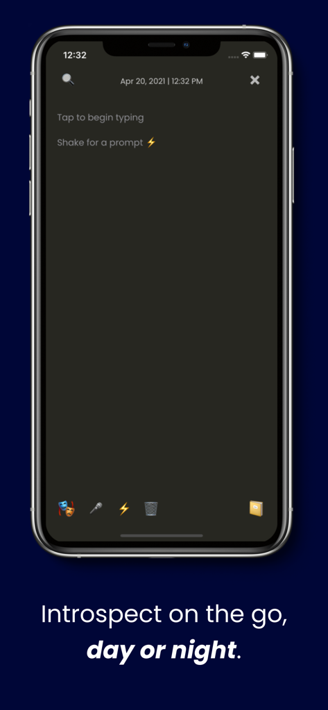 A smartphone displaying the Poz Journal dark mode writing screen with a shake for a prompt feature.