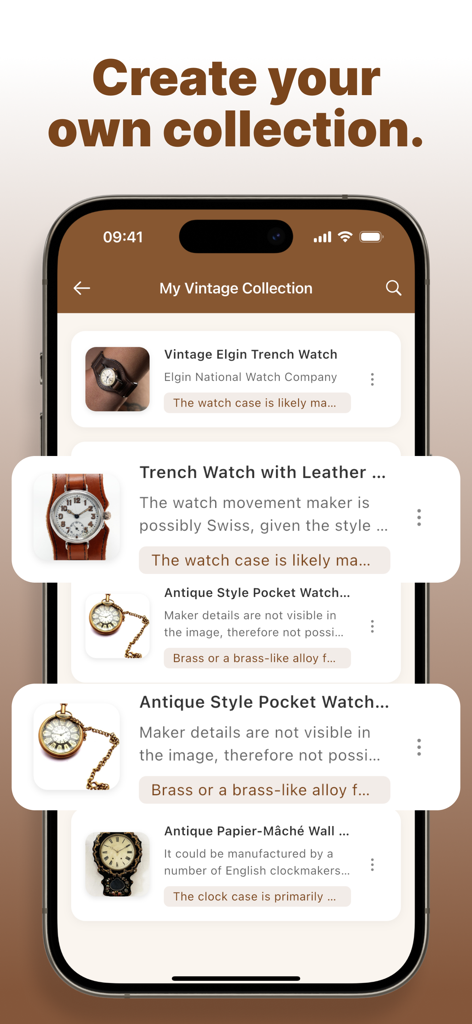 Smartphone screen displaying the My Vintage Collection section with identified watches and clocks