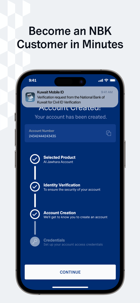 NBKの成功したアカウント作成プロセスを示すモバイルアプリ画面。本人確認とアカウント設定の手順が含まれています。