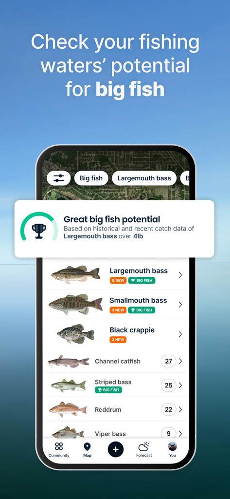 Fishbrain 앱 화면이 큰 물고기에 대한 지역 낚시터 잠재력과 잡을 수 있는 어종 목록을 표시하고 있음