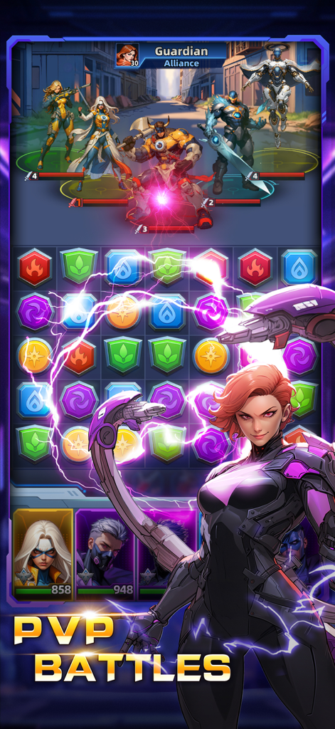 Superhero & Puzzles Match3 RPG - Captura de pantalla del juego Superhero and Puzzles Match3 RPG mostrando héroes en una batalla JcJ con mecánicas de puzle match-3