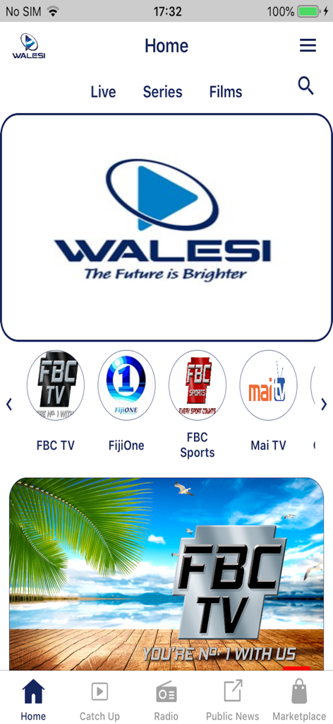 Walesi - Walesi mobile app home screen showing live Fijian TV channel icons like FBC TV and FijiOne