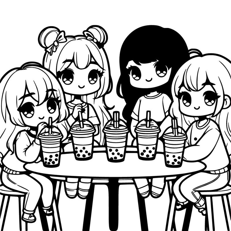 four cute teenage girls sitting at a table drinking boba tea