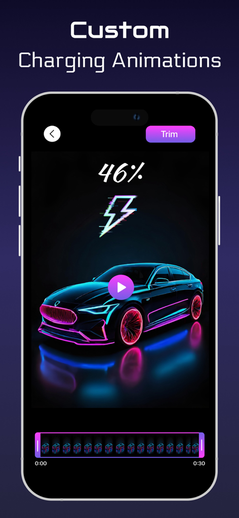 Charging Screen Animation Show - Custom charging animation interface featuring a neon sports car and video editing tools