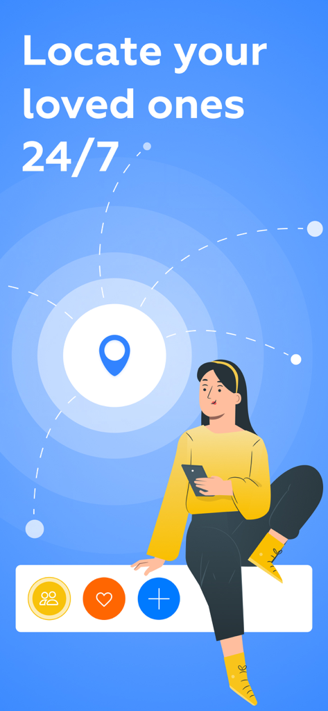 Family Link for Parents - Ilustración de un padre usando un smartphone para rastrear la ubicación familiar con el texto Localiza a tus seres queridos 24/7